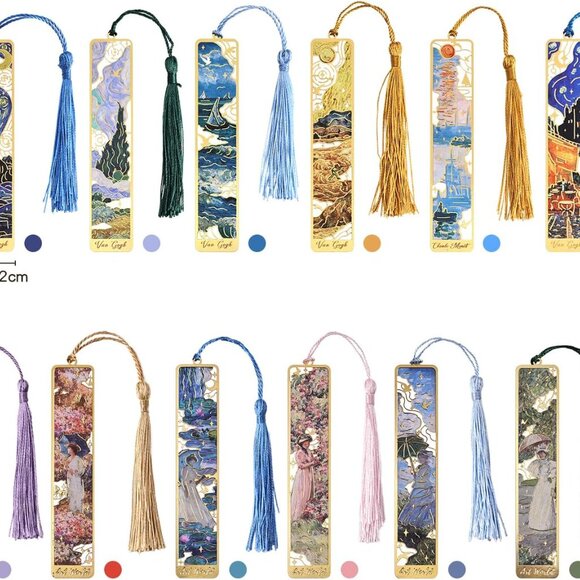 12 Pieces Metal Bookmarks with Tassel, Golden Hollow Bookmark Oil Painting Theme - Picture 3 of 8